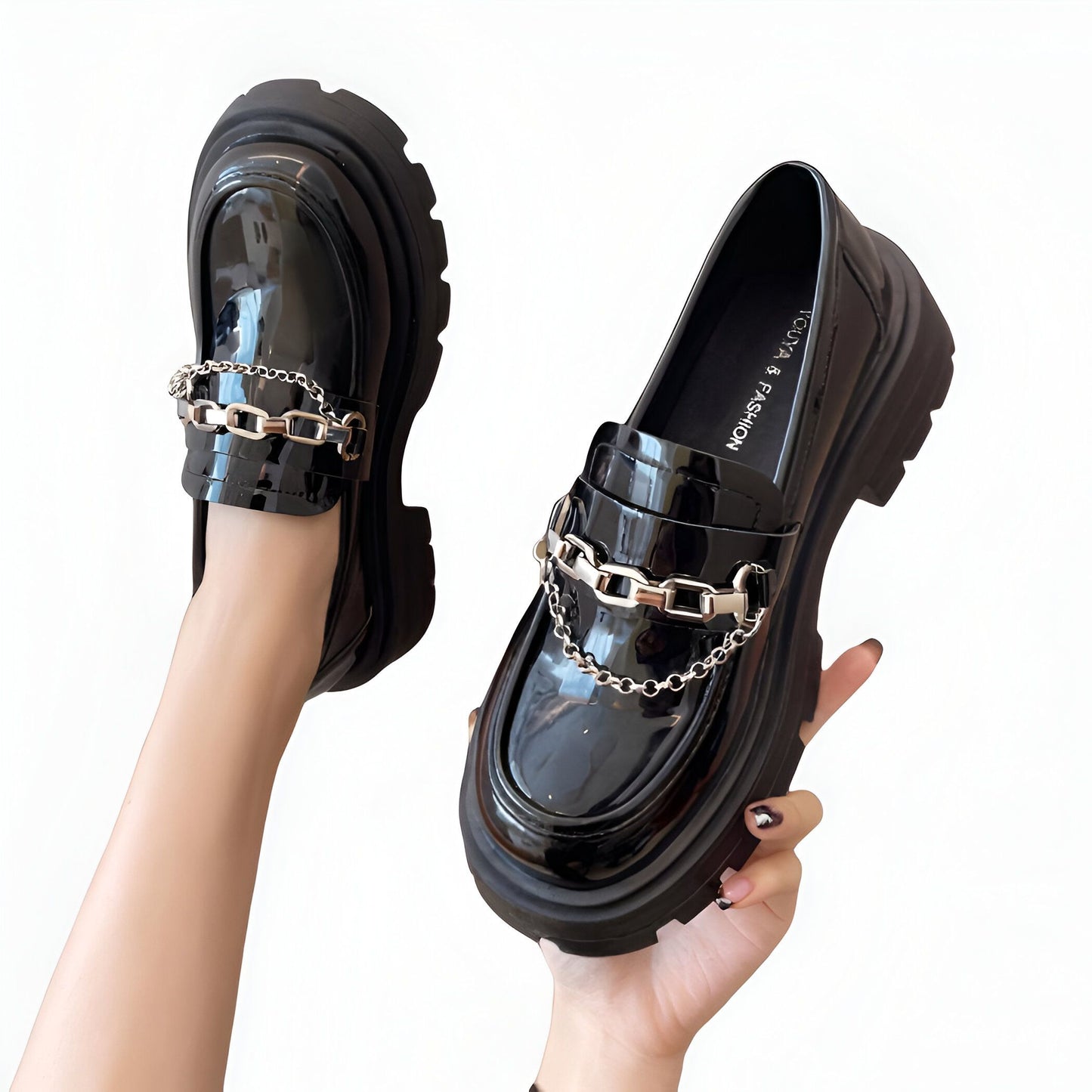 LuxLine Mocassins Femme Verni Plateforme Chaîne