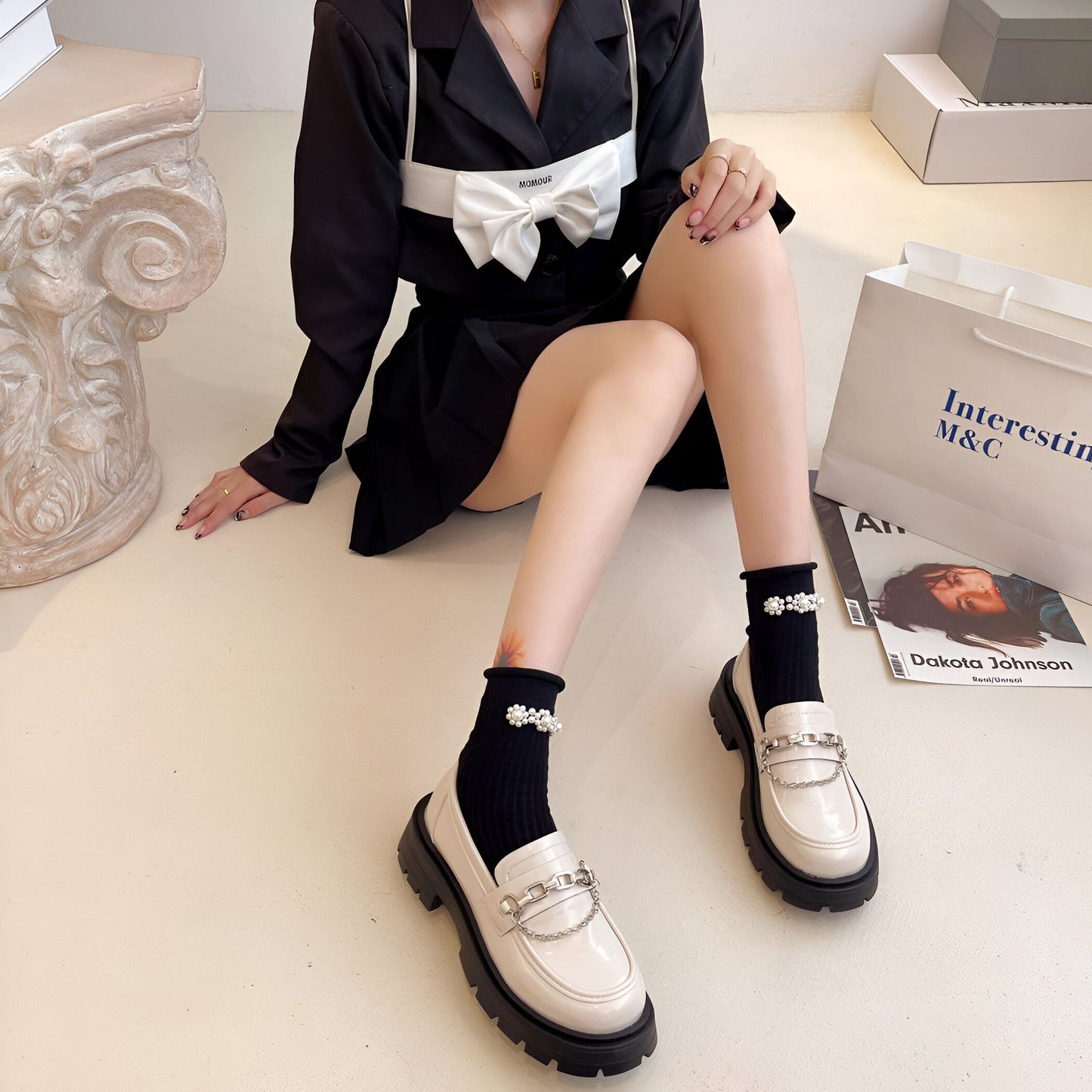 LuxLine Mocassins Femme Verni Plateforme Chaîne