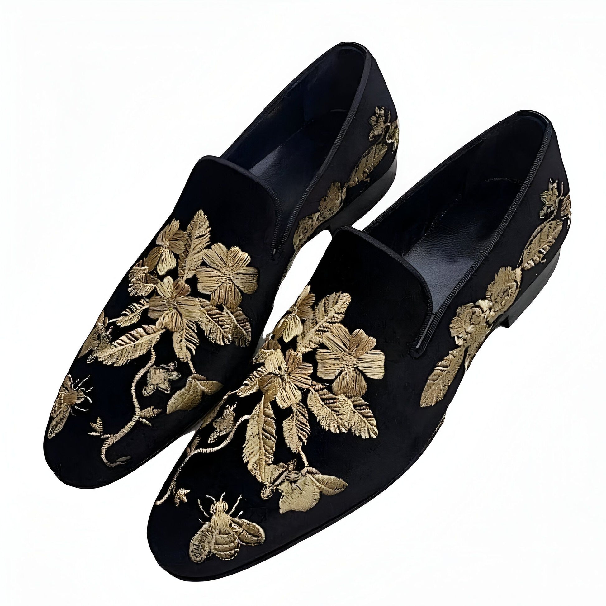 Prestige Mocassins Velours Noir Brodé Floral Doré Homme