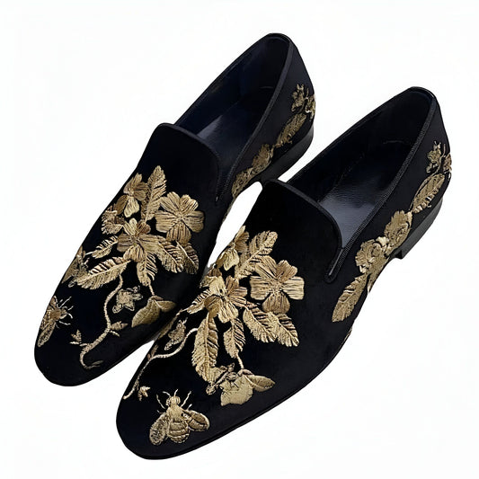 Prestige Mocassins Velours Noir Brodé Floral Doré Homme