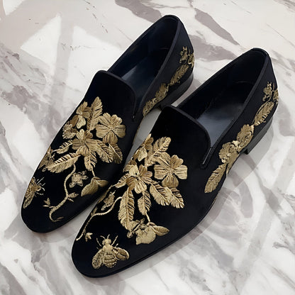 Prestige Mocassins Velours Noir Brodé Floral Doré Homme
