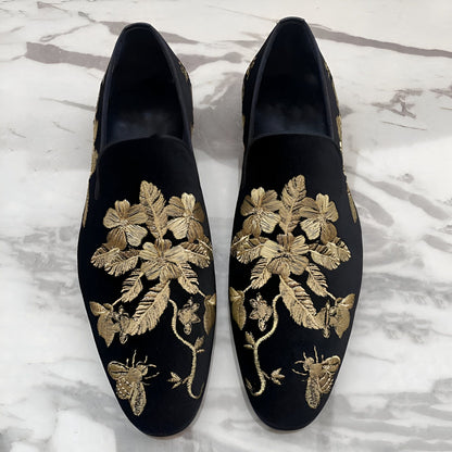 Prestige Mocassins Velours Noir Brodé Floral Doré Homme