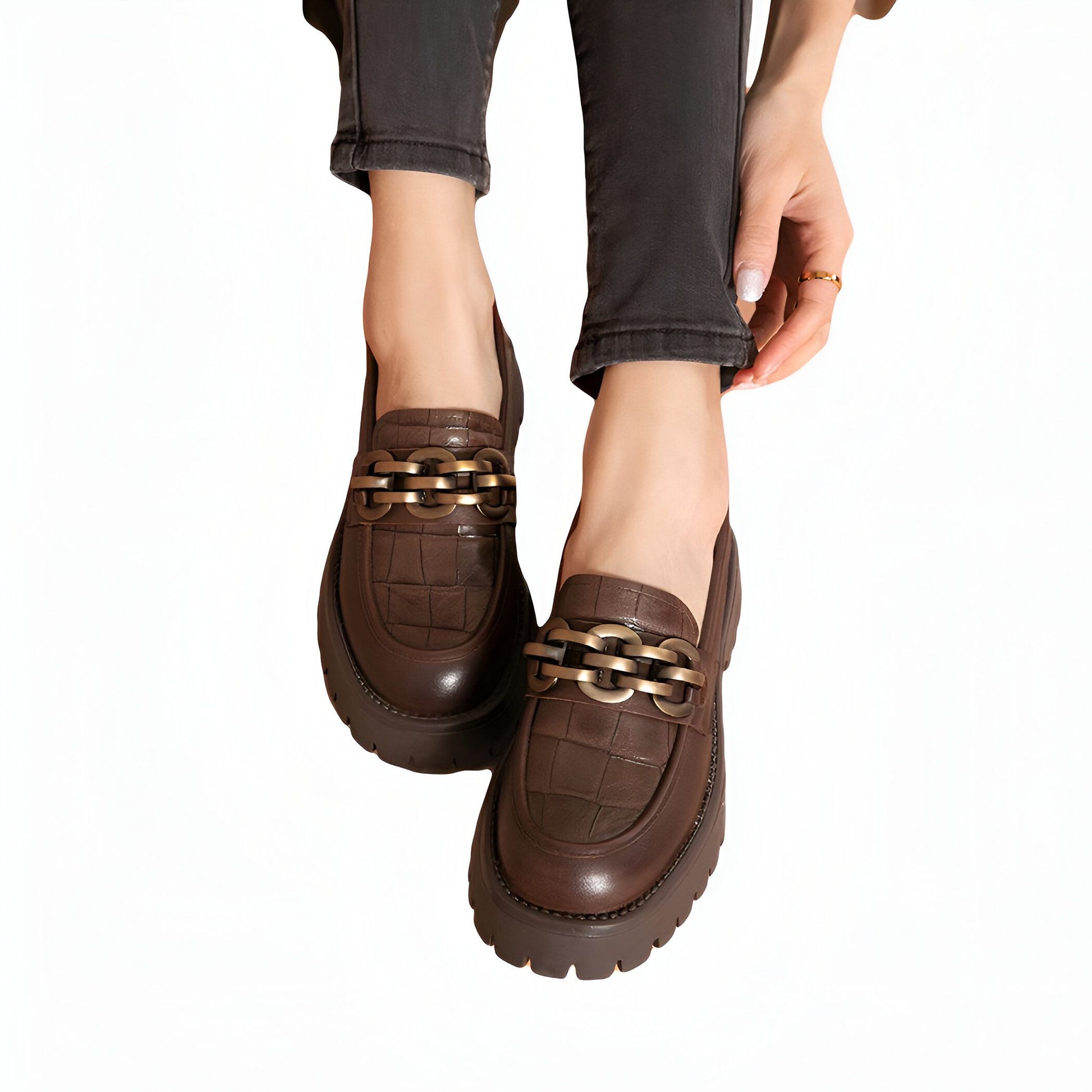 VivaMode Mocassins Femme Cuir Chaîne Métal Plateforme
