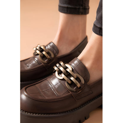 VivaMode Mocassins Femme Cuir Chaîne Métal Plateforme