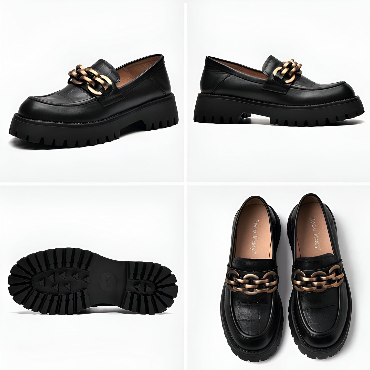 VivaMode Mocassins Femme Cuir Chaîne Métal Plateforme