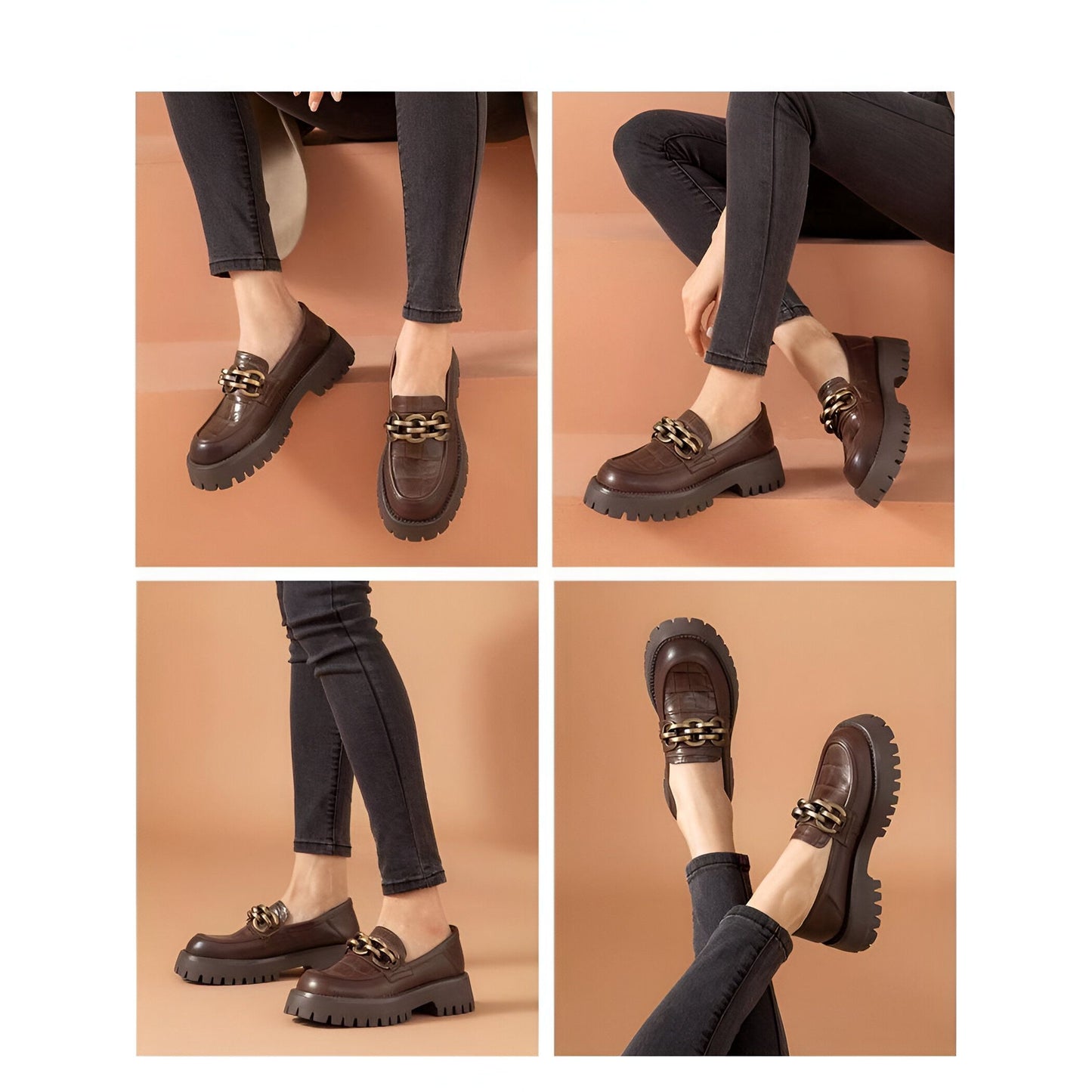 VivaMode Mocassins Femme Cuir Chaîne Métal Plateforme