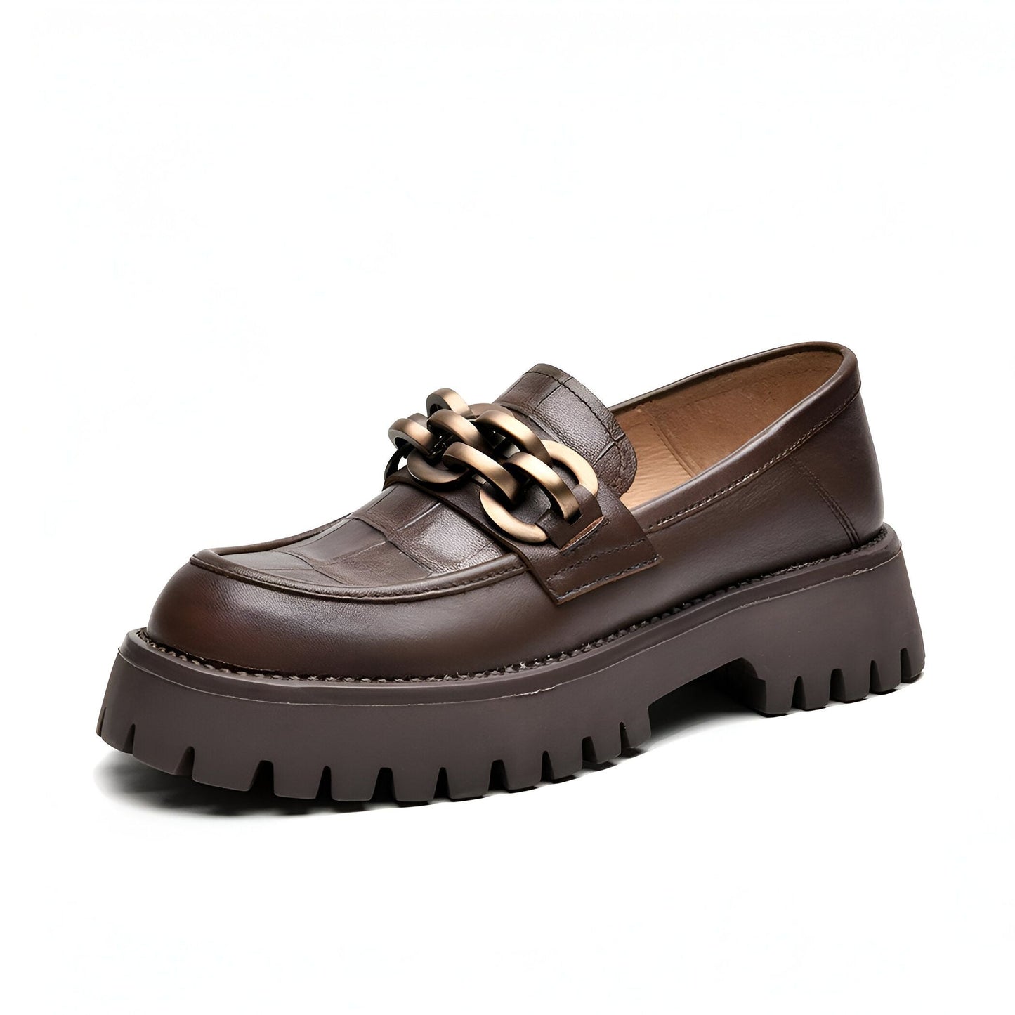 VivaMode Mocassins Femme Cuir Chaîne Métal Plateforme