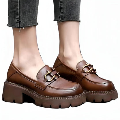 LuxeNoir Mocassins Cuir Véritable Femme Talons Rétro