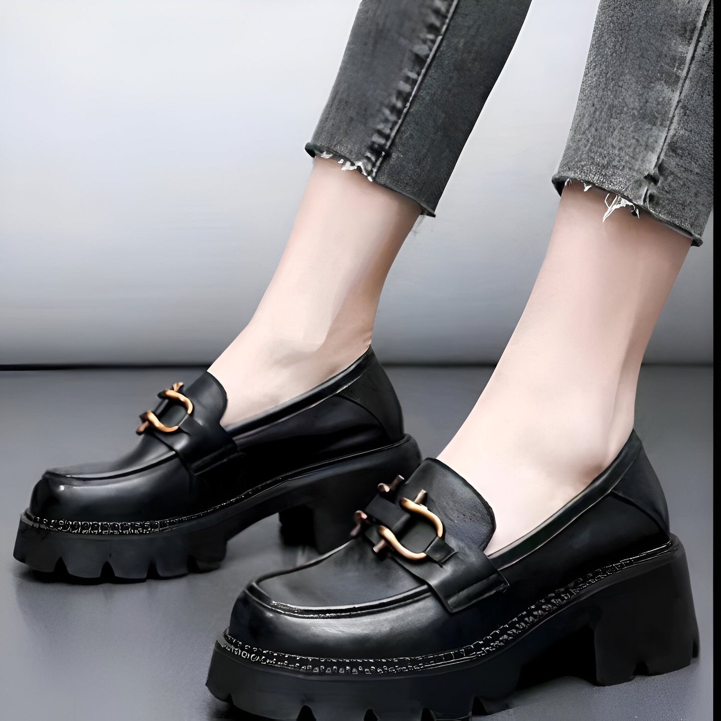 LuxeNoir Mocassins Cuir Véritable Femme Talons Rétro