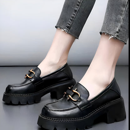 LuxeNoir Mocassins Cuir Véritable Femme Talons Rétro