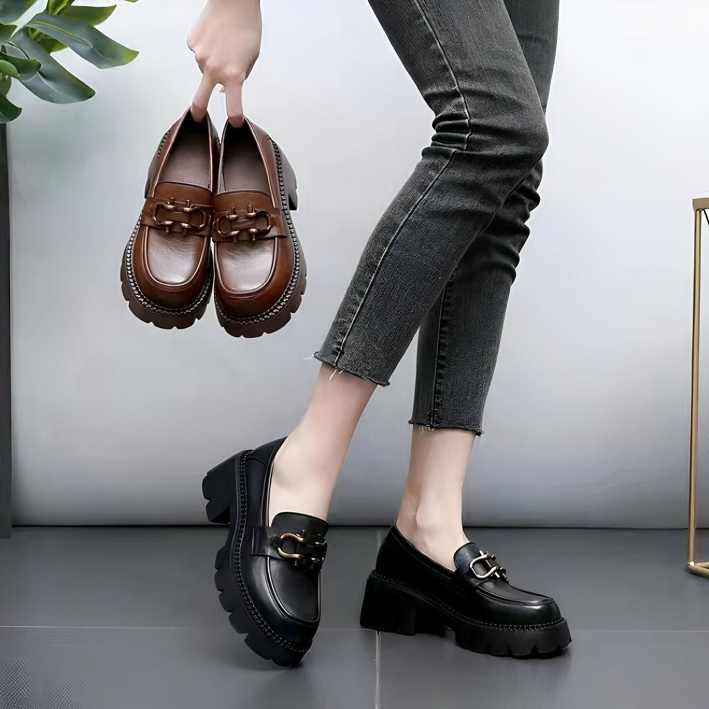 LuxeNoir Mocassins Cuir Véritable Femme Talons Rétro