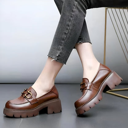 LuxeNoir Mocassins Cuir Véritable Femme Talons Rétro
