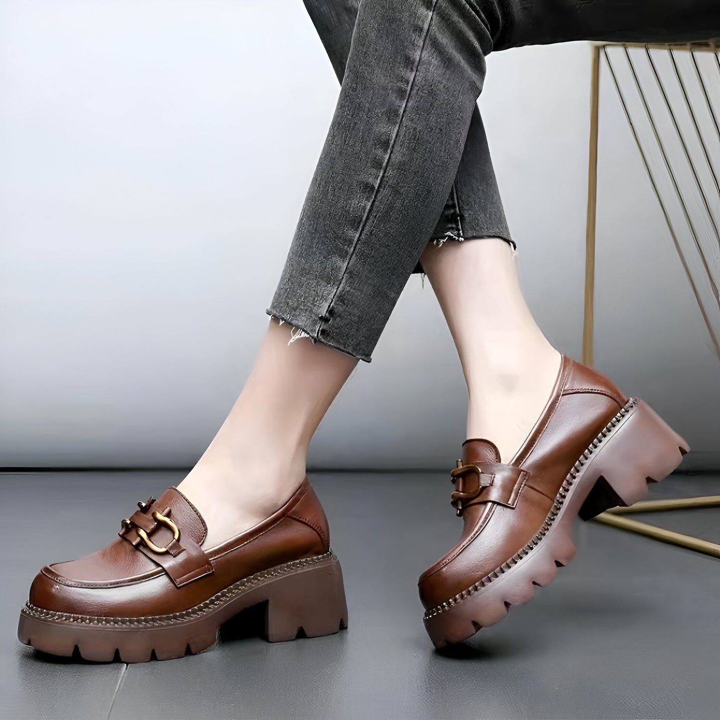 LuxeNoir Mocassins Cuir Véritable Femme Talons Rétro