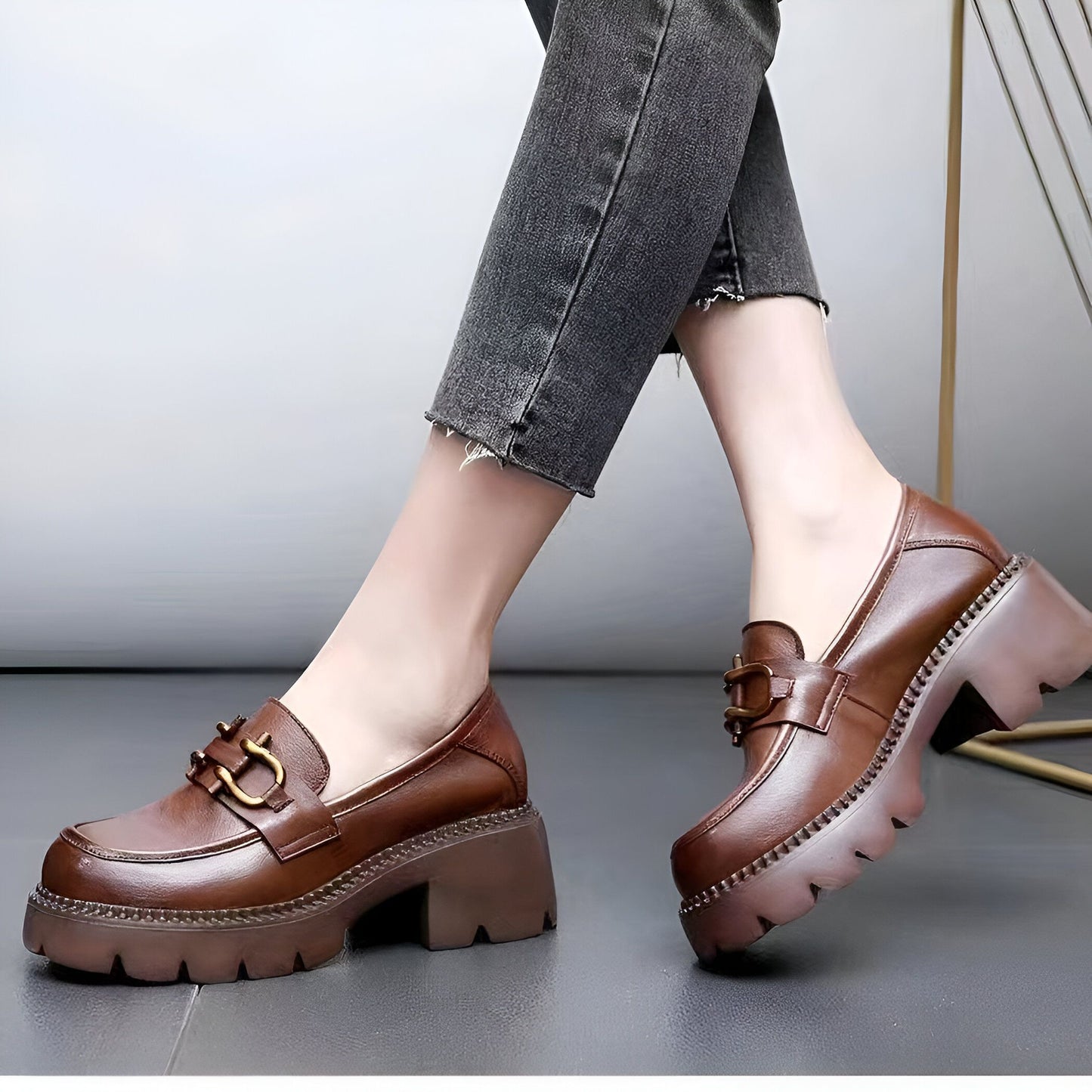 LuxeNoir Mocassins Cuir Véritable Femme Talons Rétro