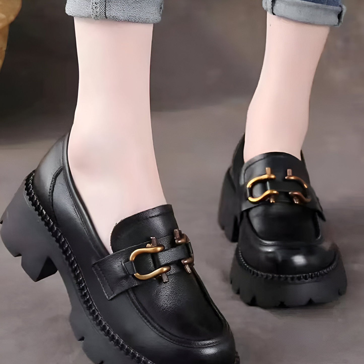 LuxeNoir Mocassins Cuir Véritable Femme Talons Rétro