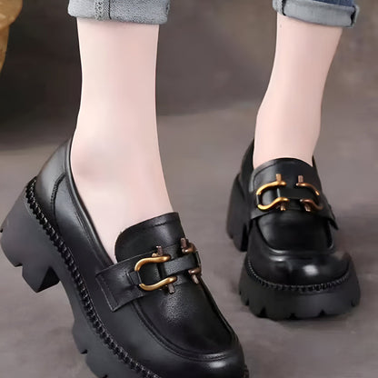LuxeNoir Mocassins Cuir Véritable Femme Talons Rétro