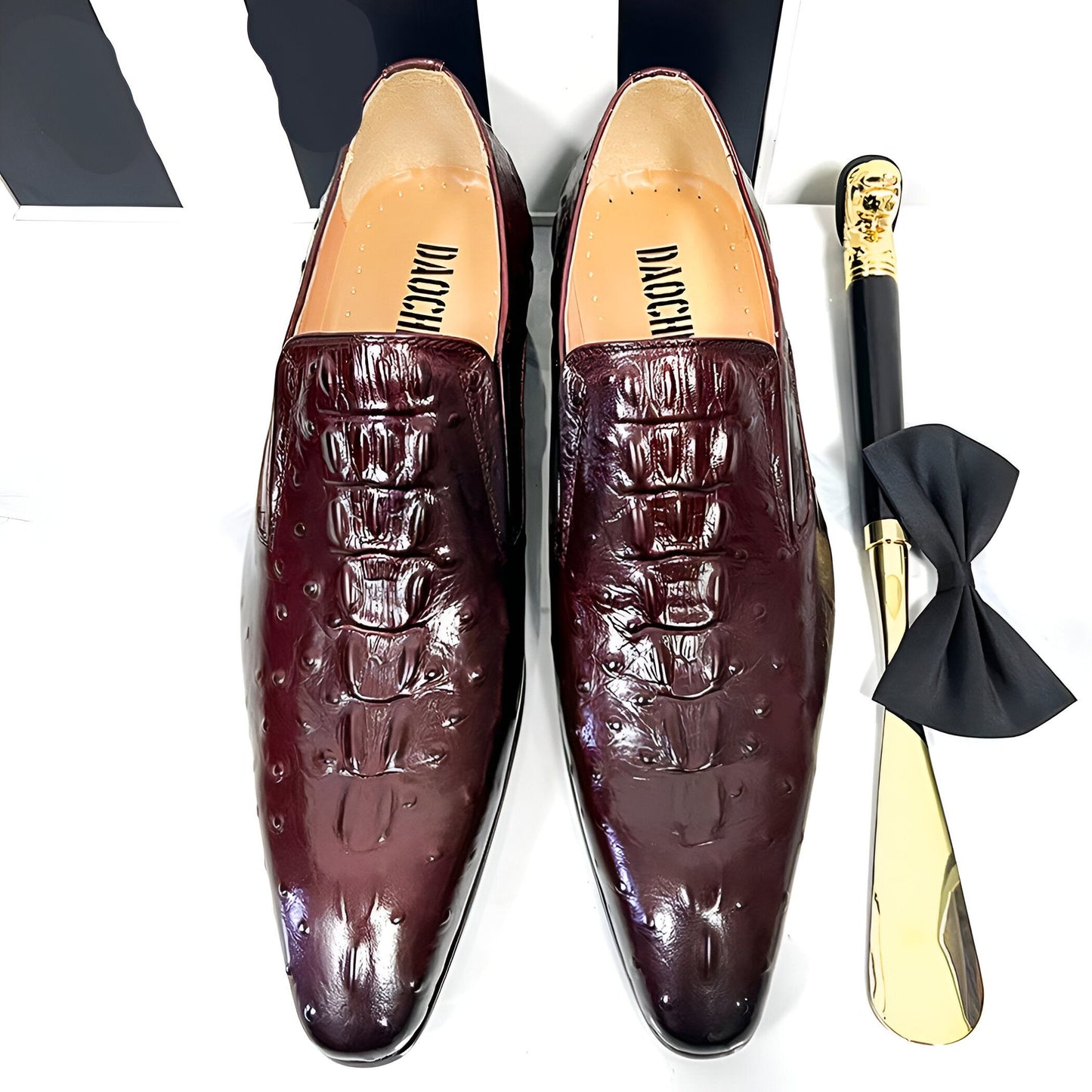 NovaShoes Mocassins Cuir Grain Croco Noir Homme