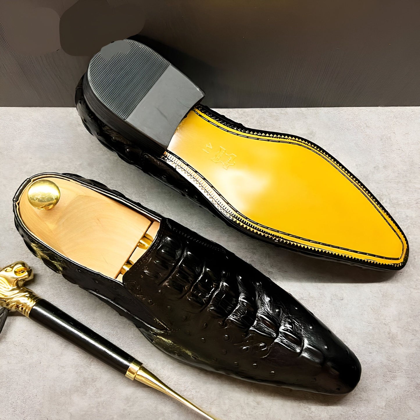 NovaShoes Mocassins Cuir Grain Croco Noir Homme