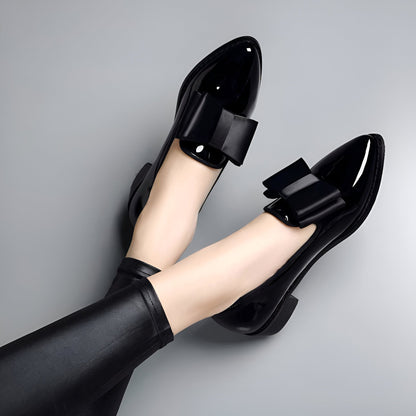 Luxe Mocassins Cuir Verni Bout Pointu Nœud Décoratif