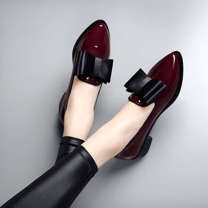 Luxe Mocassins Cuir Verni Bout Pointu Nœud Décoratif