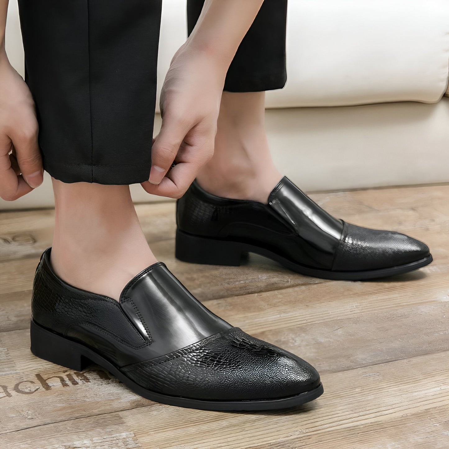LuxeBrand Mocassins cuir verni motif croco noir homme