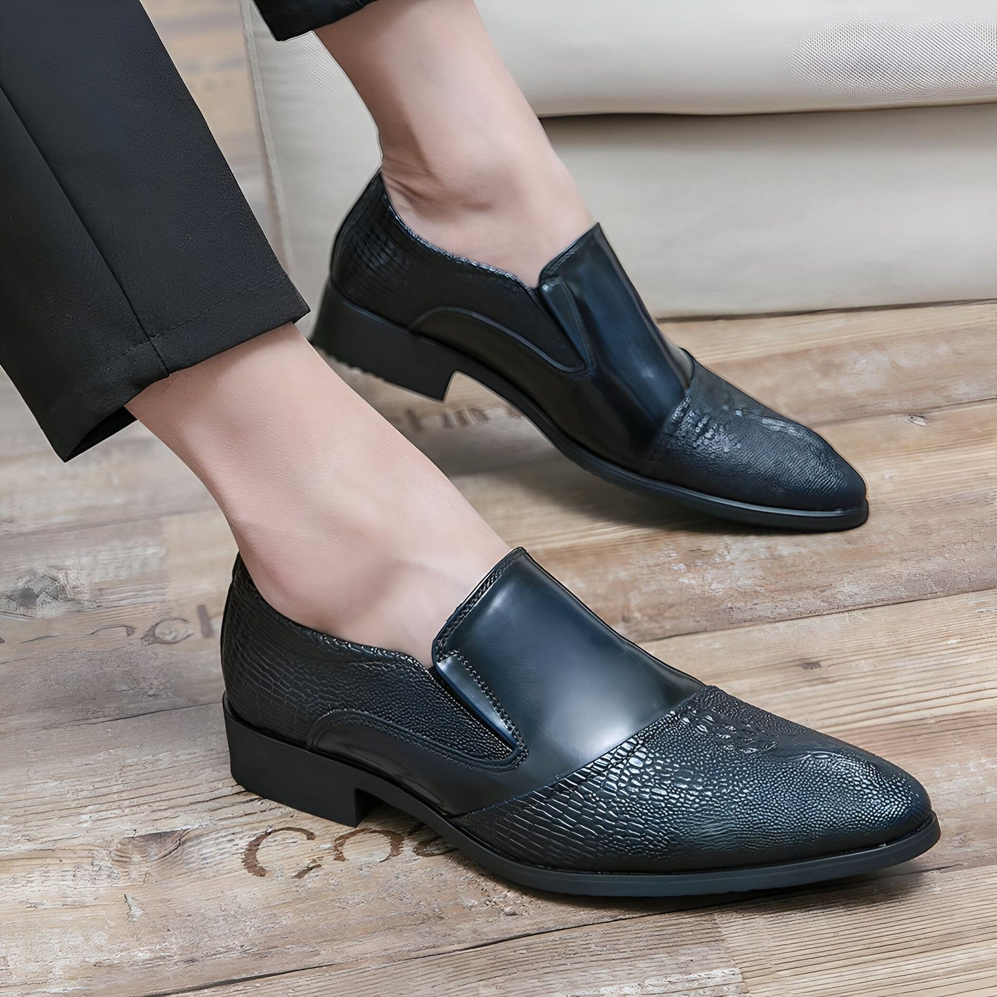 LuxeBrand Mocassins cuir verni motif croco noir homme