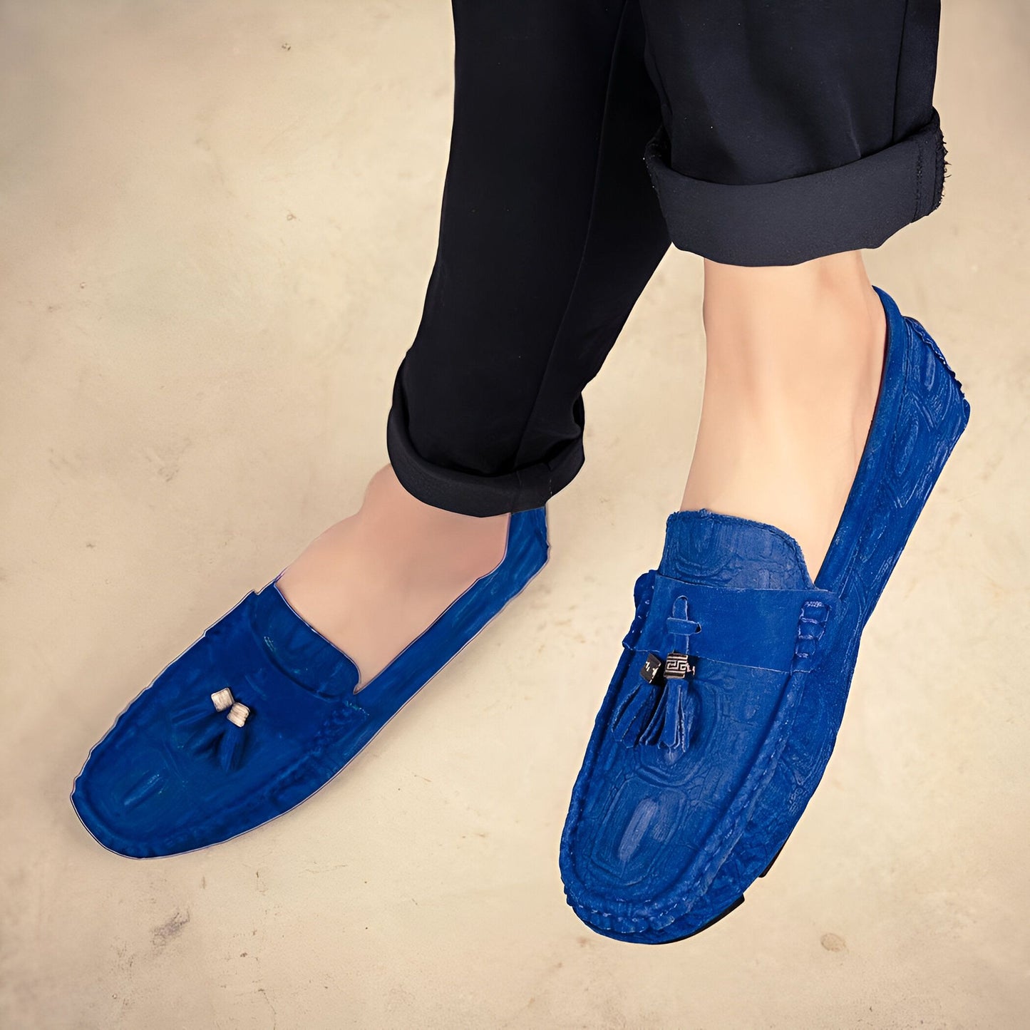 Mocassins Daim Bleu à Glands - Élégance Homme