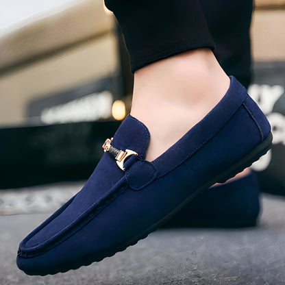 Mocassins Daim Bleu Marine Homme Boucle Dorée - Premium