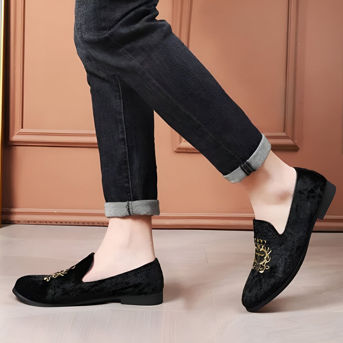 Mocassins homme velours brodé or - Élégance Signature