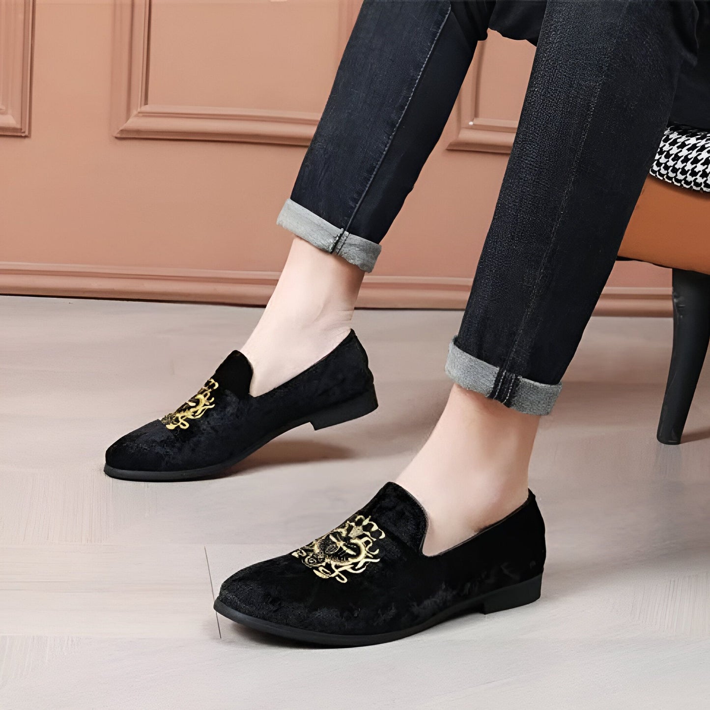 Mocassins homme velours brodé or - Élégance Signature