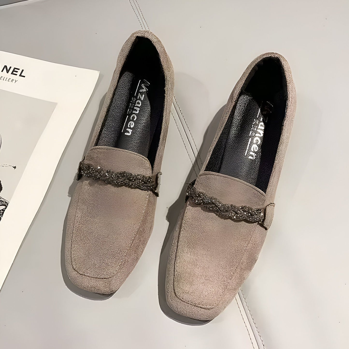 Mocassins Daim Femme Chaîne Strass - Édition Luxe