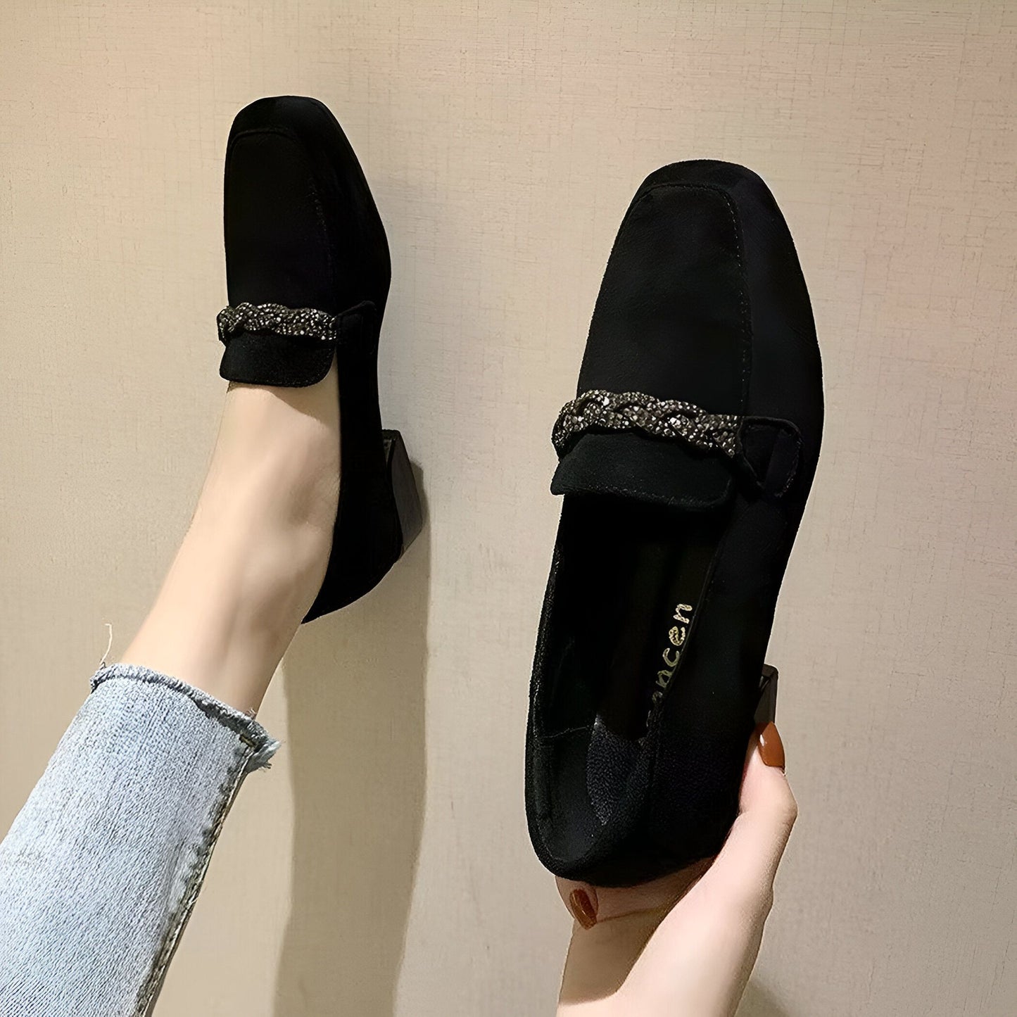 Mocassins Daim Femme Chaîne Strass - Édition Luxe