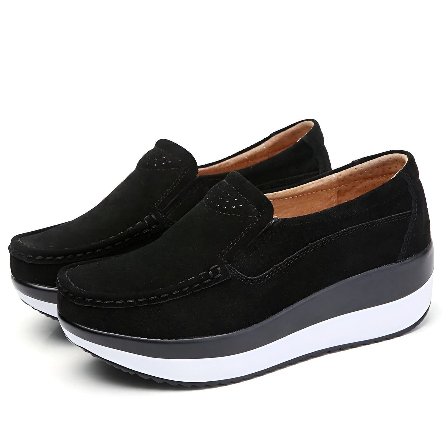 NovaB Mocassins Femme Daim Bleu Marine Semelle Compensée