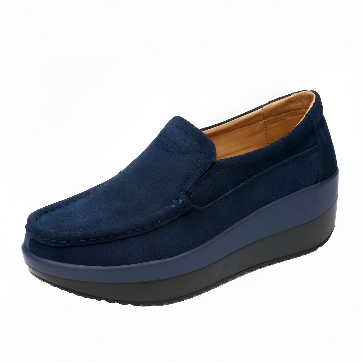 NovaB Mocassins Femme Daim Bleu Marine Semelle Compensée