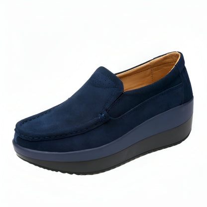 NovaB Mocassins Femme Daim Bleu Marine Semelle Compensée