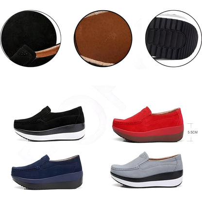 NovaB Mocassins Femme Daim Bleu Marine Semelle Compensée