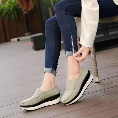 NovaB Mocassins Femme Daim Bleu Marine Semelle Compensée