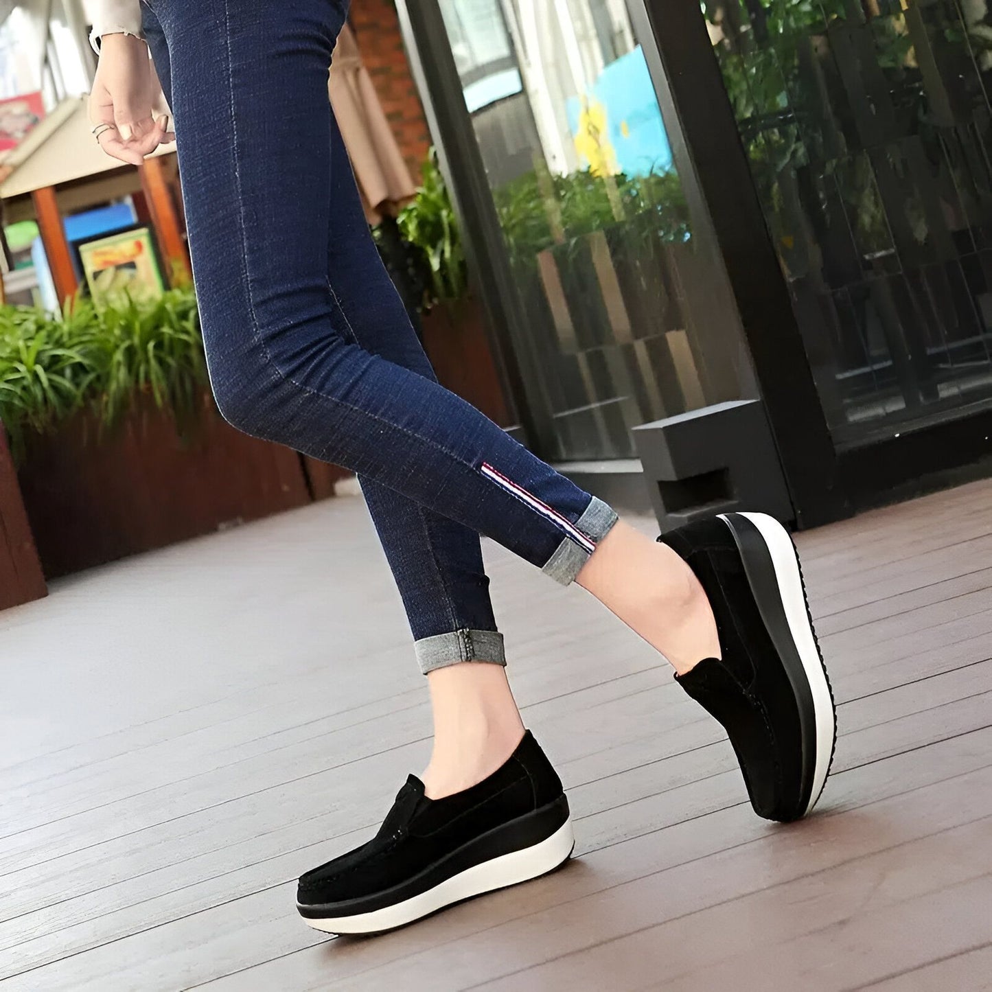 NovaB Mocassins Femme Daim Bleu Marine Semelle Compensée