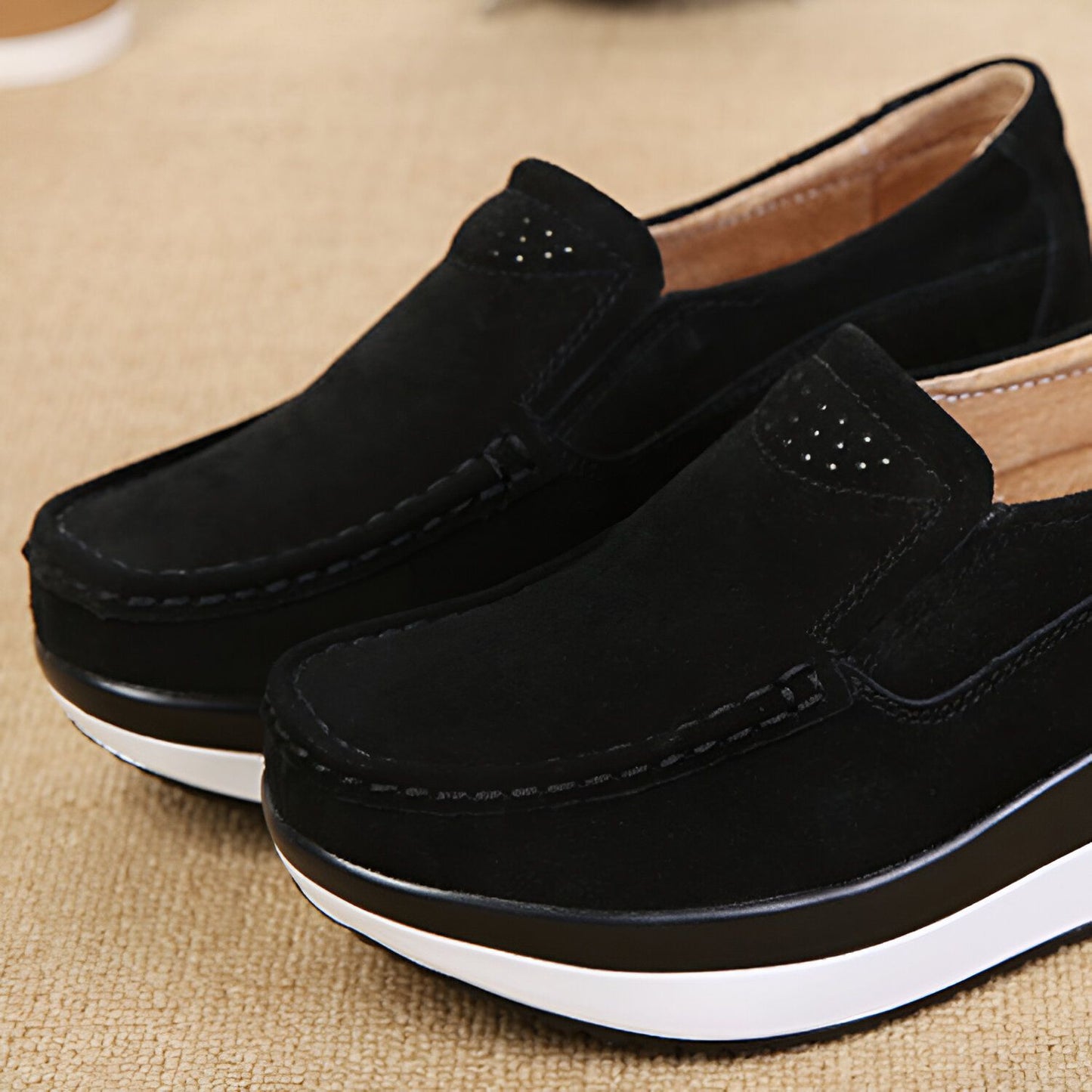 NovaB Mocassins Femme Daim Bleu Marine Semelle Compensée