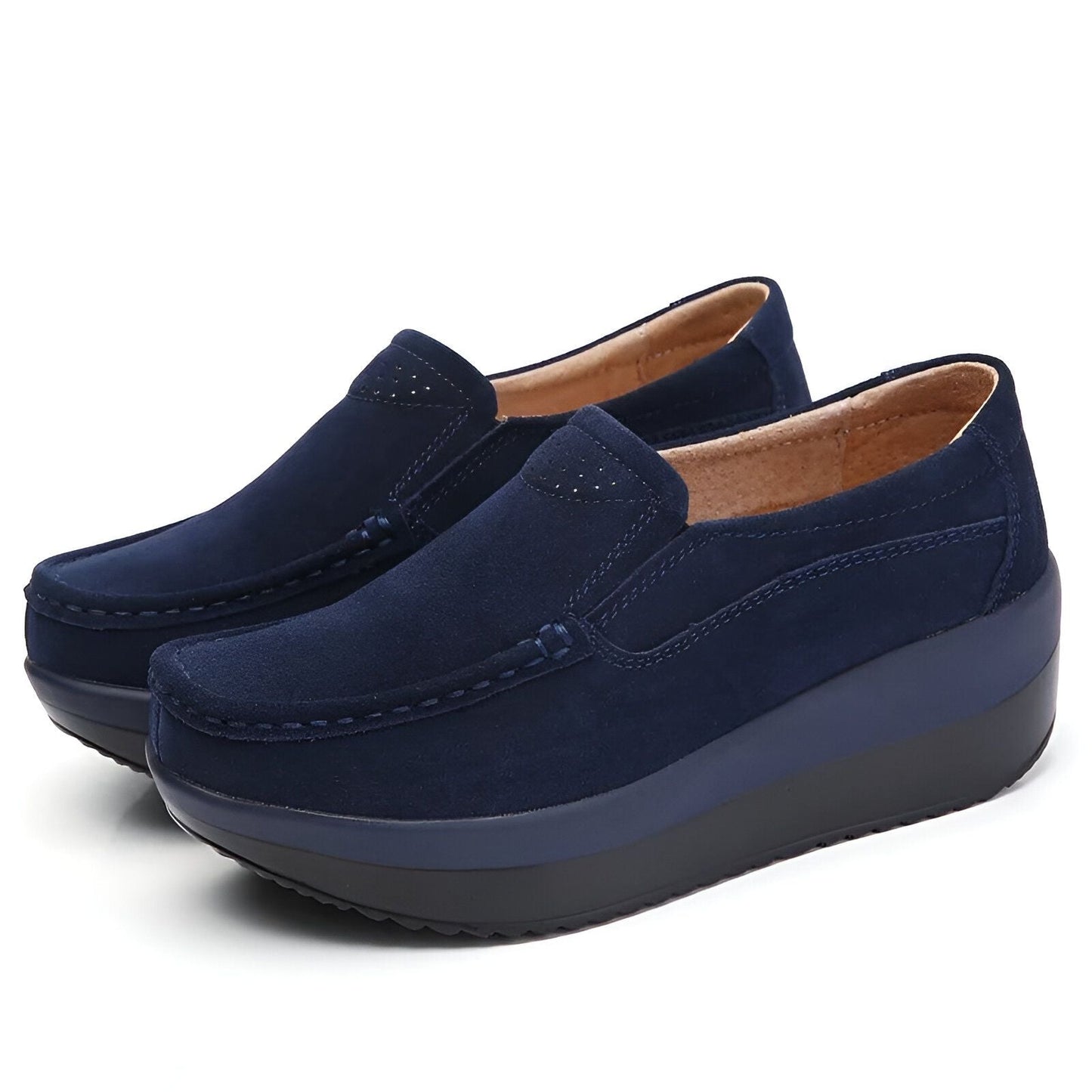 NovaB Mocassins Femme Daim Bleu Marine Semelle Compensée