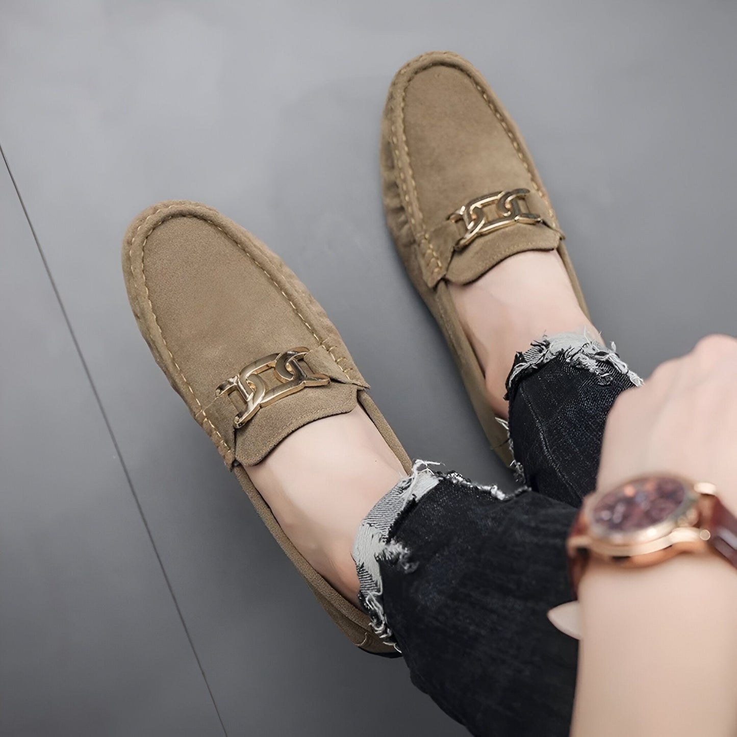 Mocassins Homme en Daim Végan – Boucle Dorée Élégants
