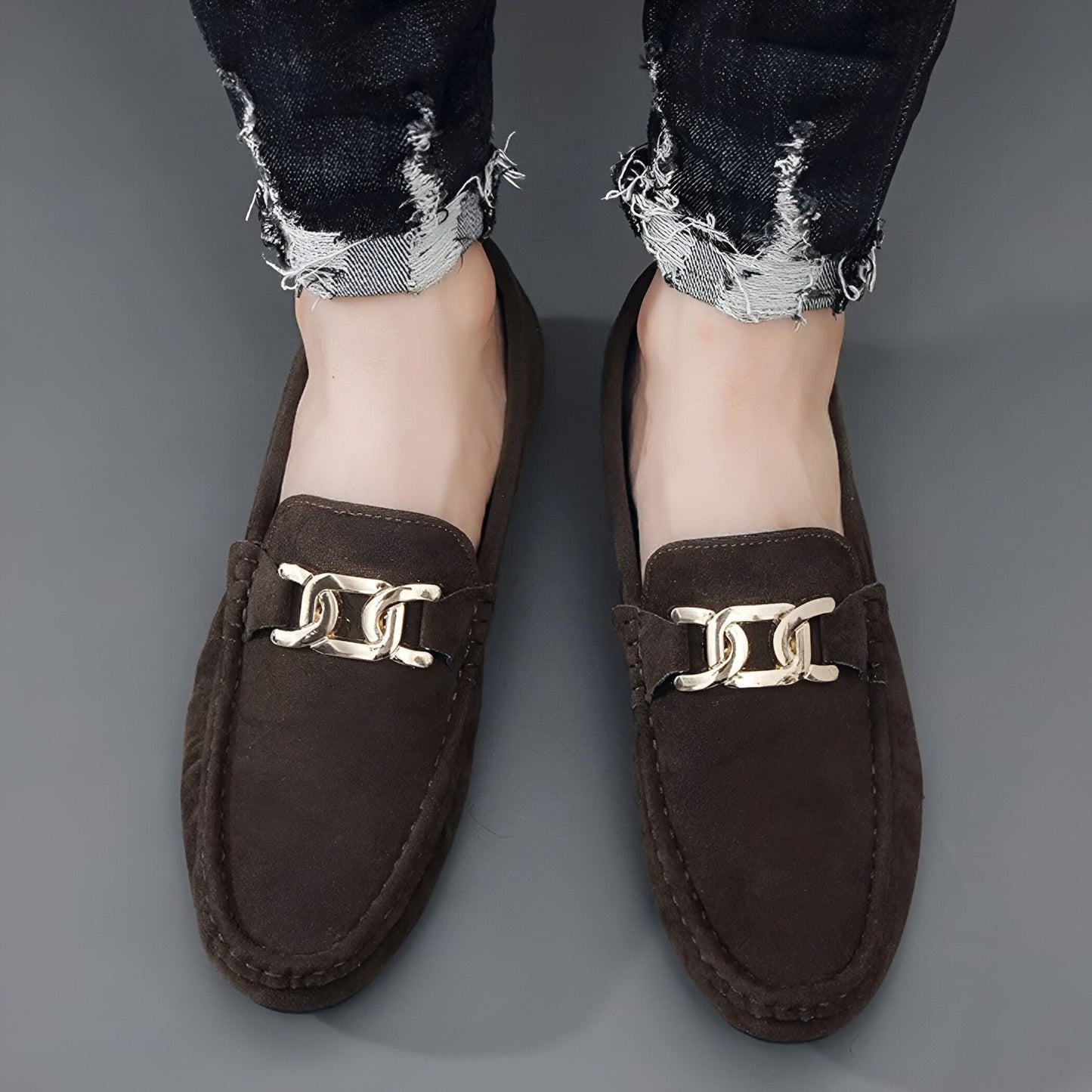 Mocassins Homme en Daim Végan – Boucle Dorée Élégants
