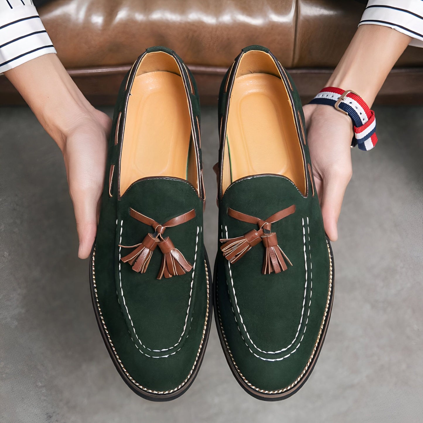 Luxe Mocassins Daim Vert Homme à Glands - Chaussures