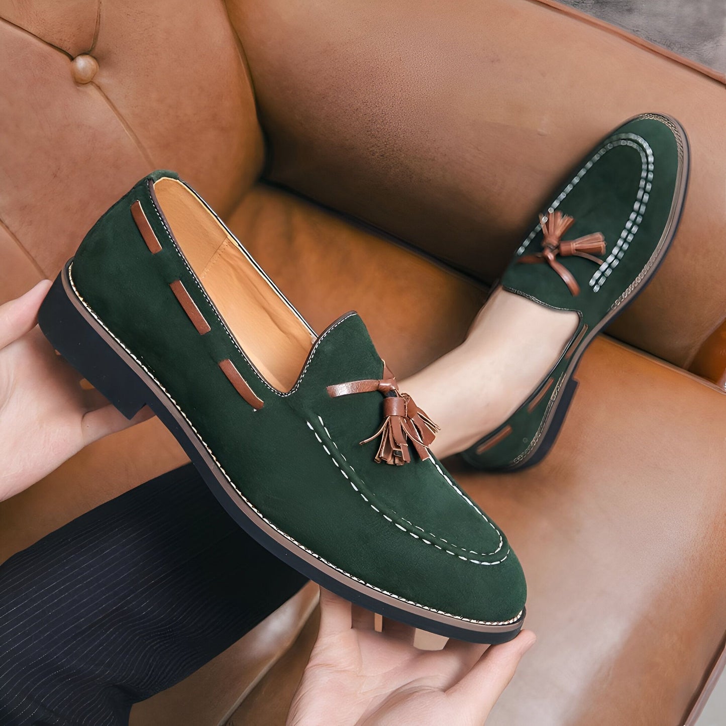 Luxe Mocassins Daim Vert Homme à Glands - Chaussures