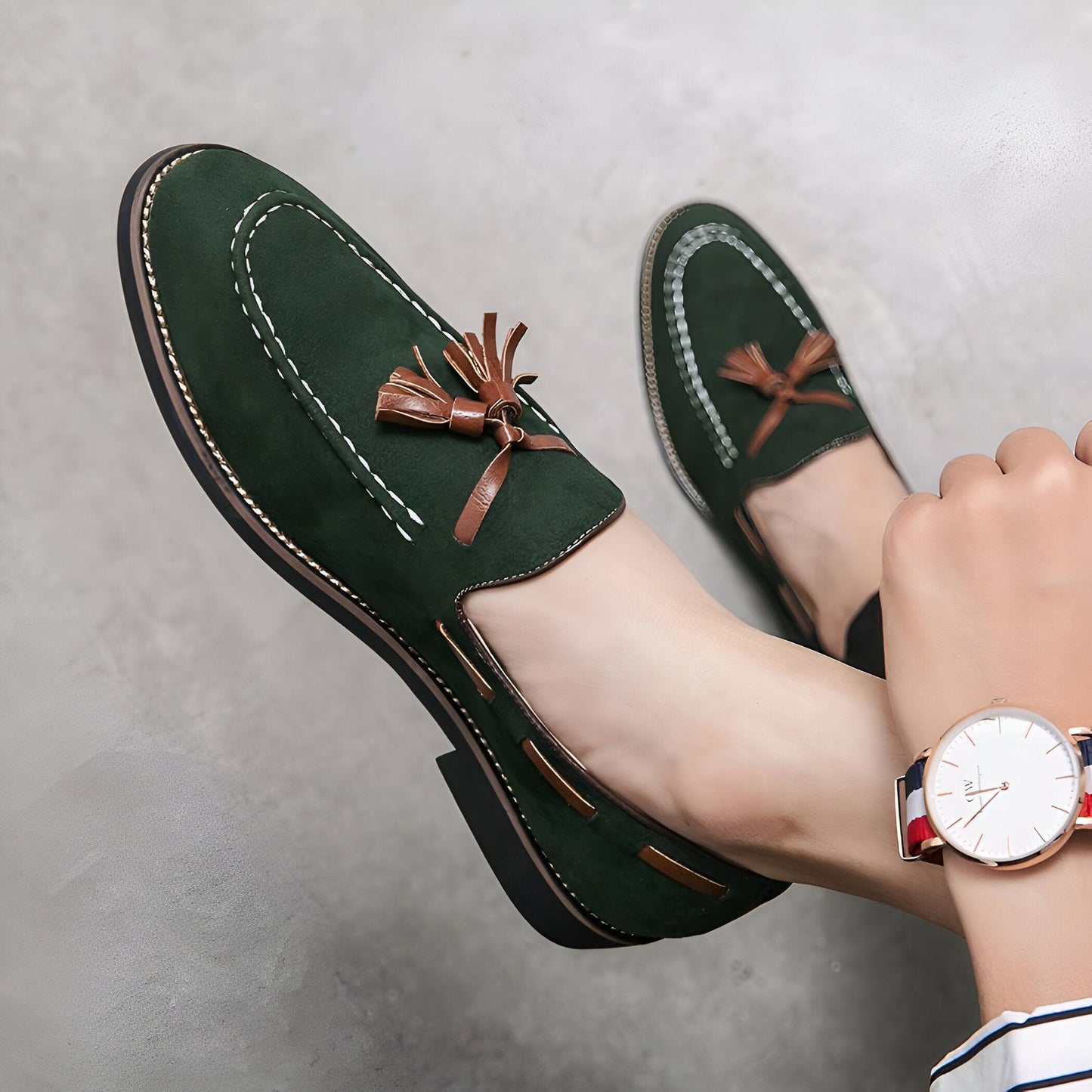 Luxe Mocassins Daim Vert Homme à Glands - Chaussures