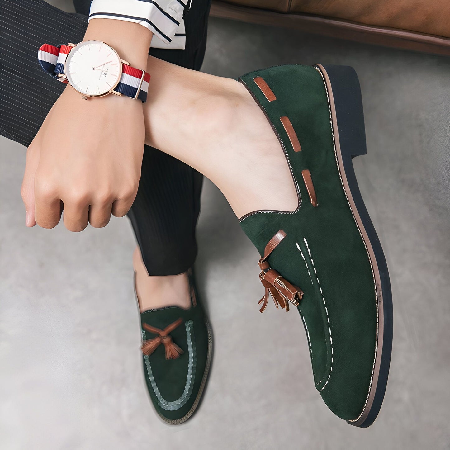 Luxe Mocassins Daim Vert Homme à Glands - Chaussures