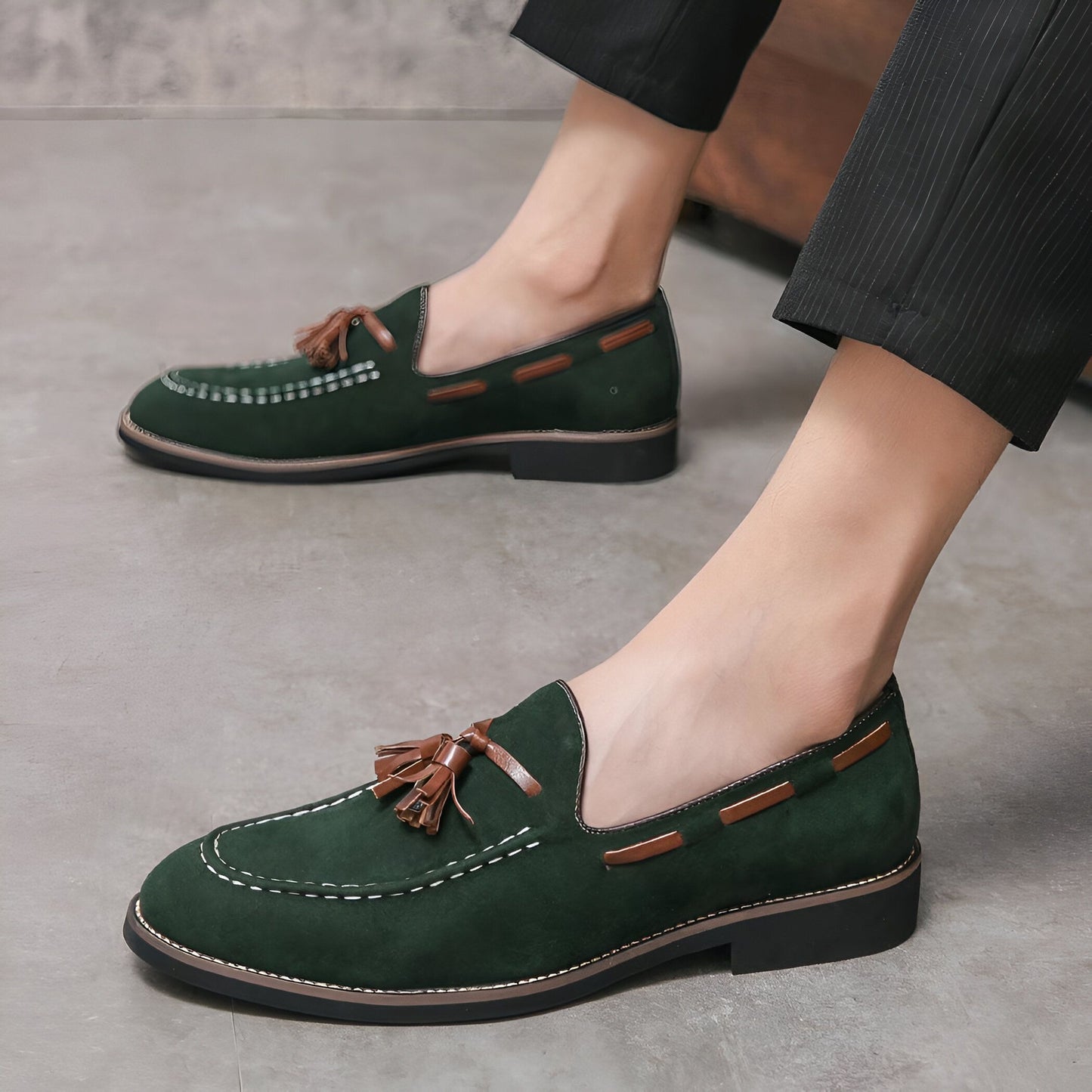 Luxe Mocassins Daim Vert Homme à Glands - Chaussures
