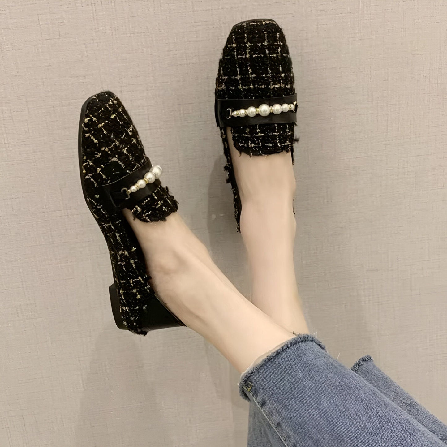 Luxe Atelier Mocassins en Tweed Ornés de Perles