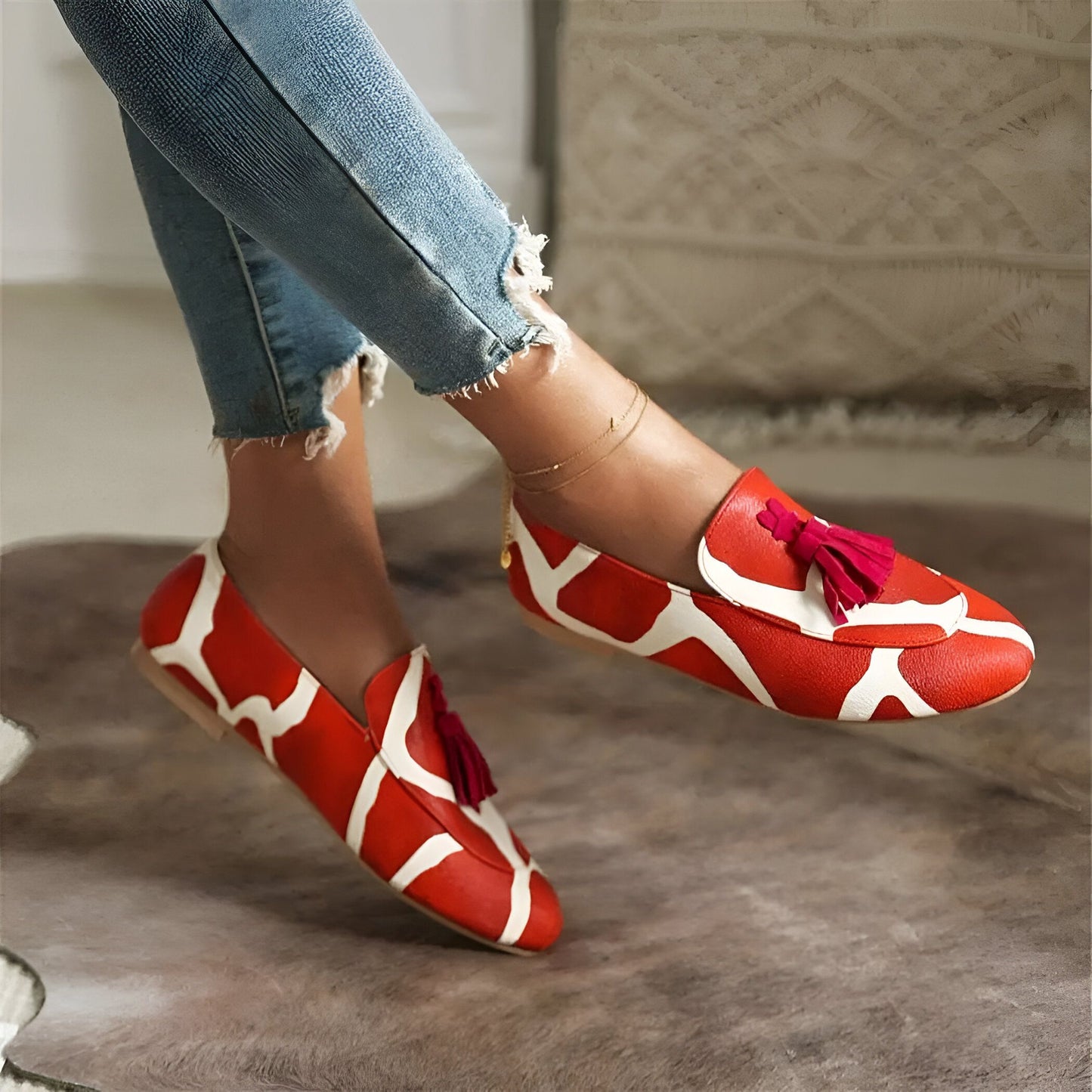 Nova Mocassins Femme Rouge Blanc Motifs Glands Raffinés