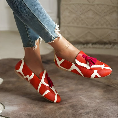 Nova Mocassins Femme Rouge Blanc Motifs Glands Raffinés